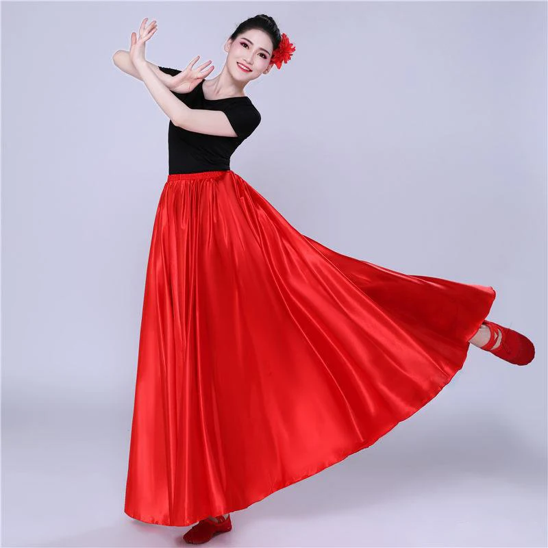 360 Degree Satin Skirt Belly Dance Women Gypsy Long Skirts Dancer Practice Wear Assorted Solid Purple Gold Dance Skirt