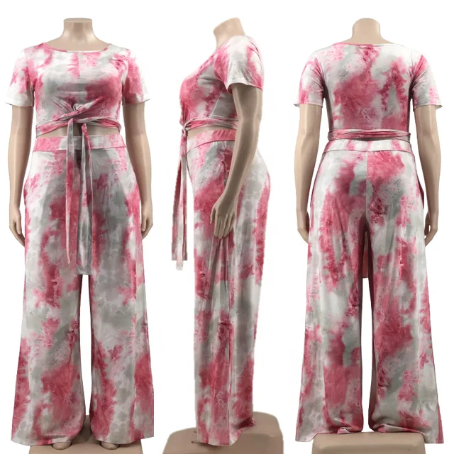 2022 New Trendy Casual Lace-Up T-Shirt Wide Leg Pants 5Xl Two Piece Set Summer Tie-Dye Bandage Print 2 Piece Plus Size Pants Set