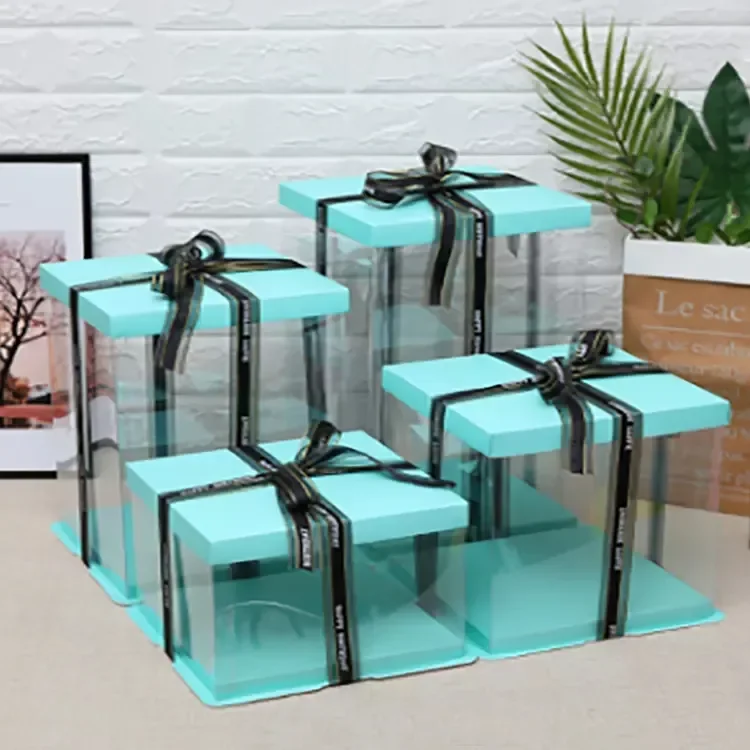 6 8 10 12 Inch Square High Wedding Transparent Acetate Plastic Tall Clear Cake Box Packaging With Lid Handle 10 x 10 x 6