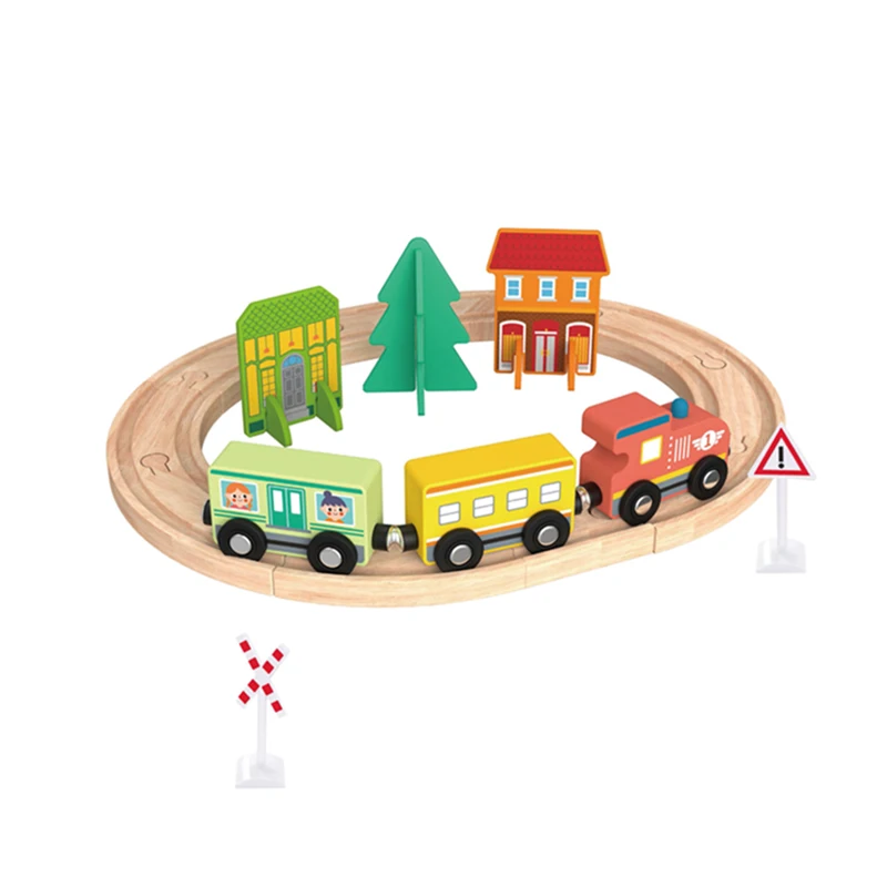 Wooden Train Town Construction Set Children House Railway Track Road Race Car Slot Toys for Kids