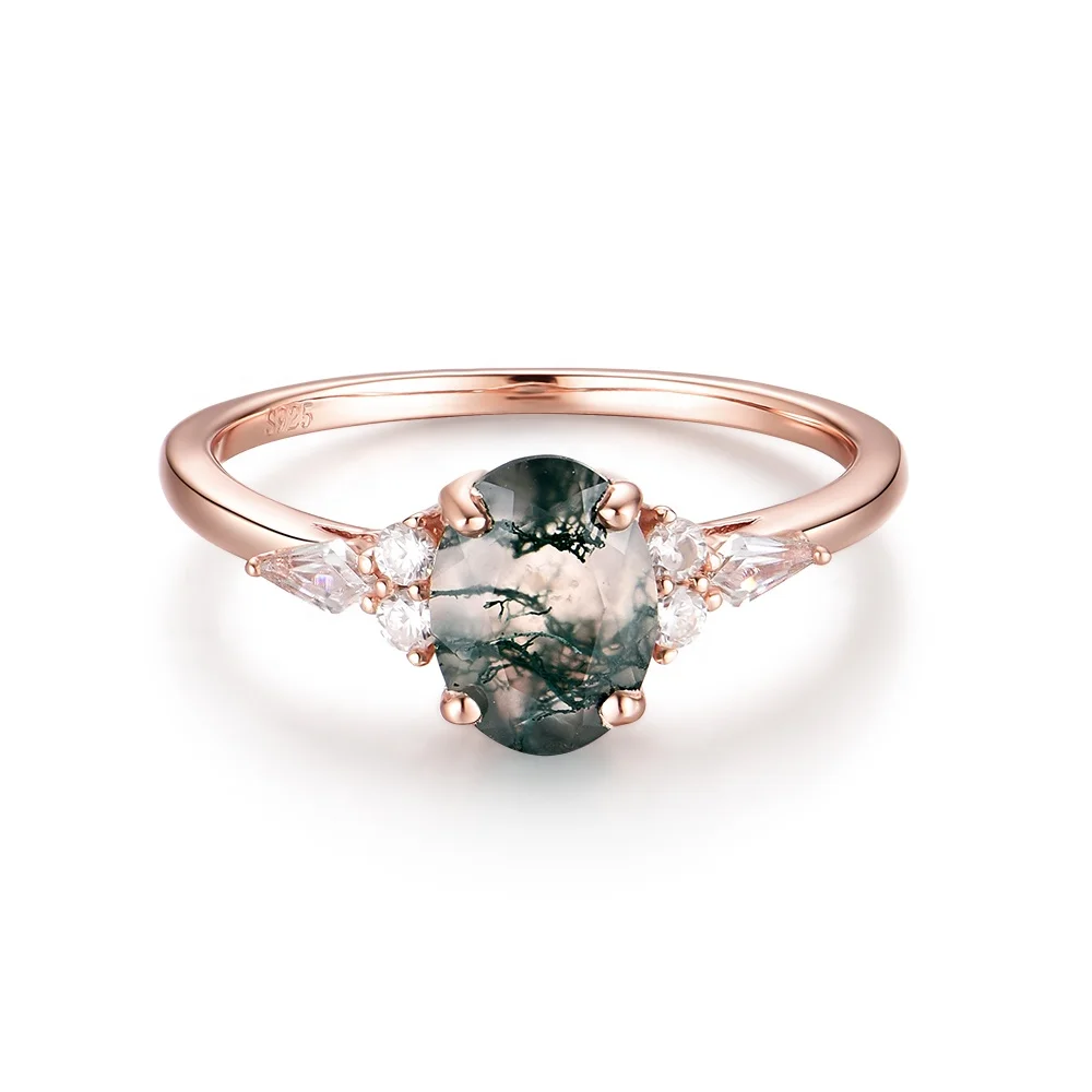 Natural Dainty Ring Green Moss Agate Rings for Women 925 Sterling Silver Gemstone  Hexagon Moss Agate Engagement Fine Jewelry