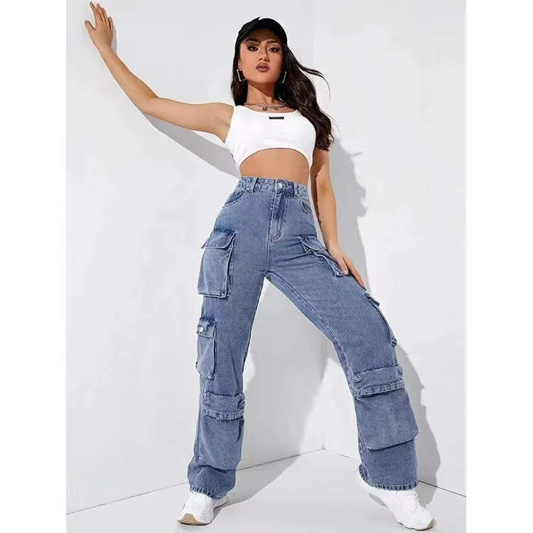 Hot Sale Hip hop women baggy trousers high rise multi pockets faded washed denim style wide leg cargo jeans woman