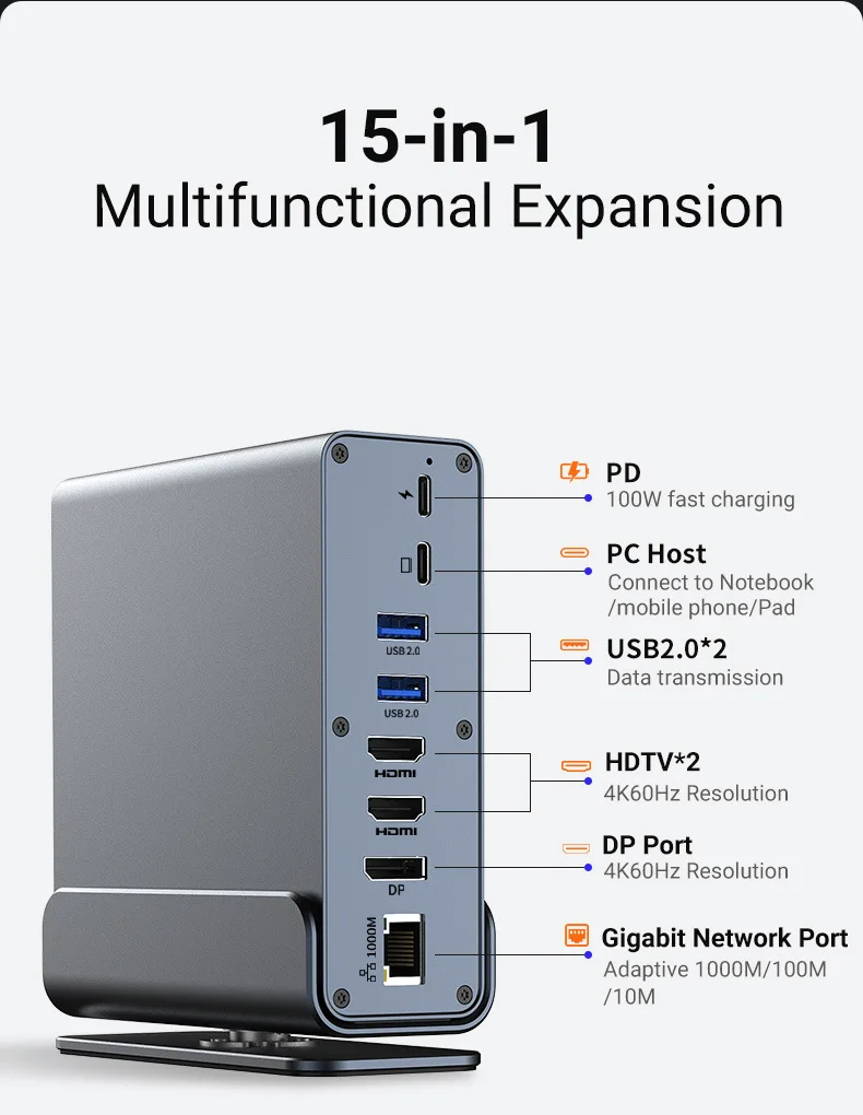 Desktop upright Docking Station 15 in 1 type C HUB