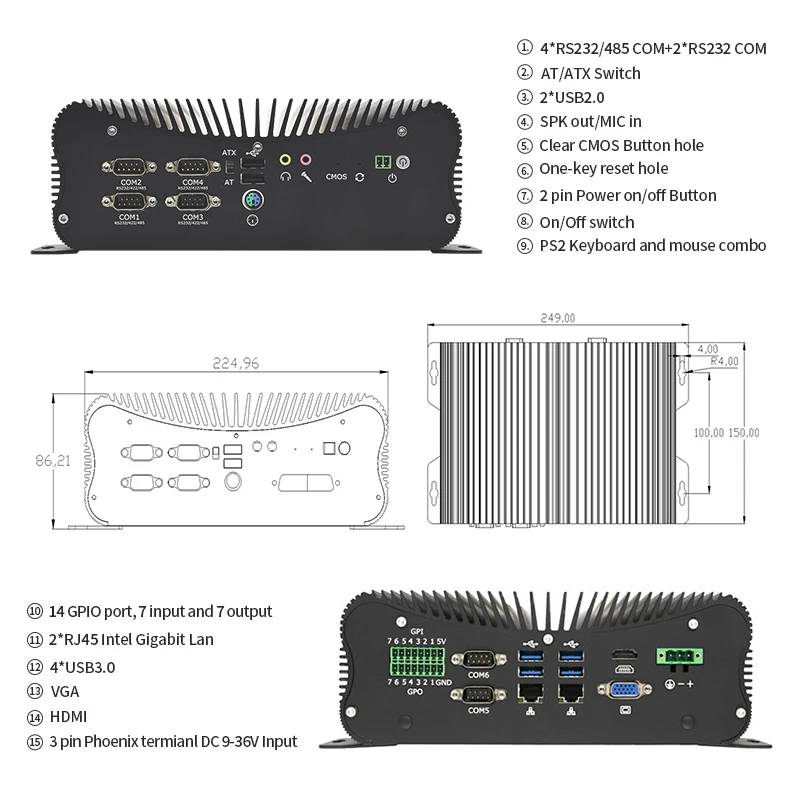 Industrial Mini PC Core i5-10210U/i7-10510U 2*SO-DDR4 I7 Mini PC HD VGA 6*DB9 COM(4*rs232/422/485) mini computers