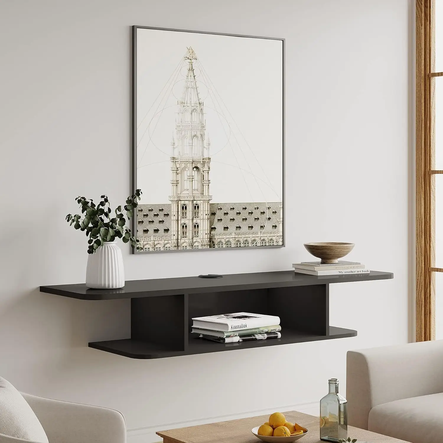 Wall Mounted TV Shelf Wood Multimedia Storage Shelf with Cable Management