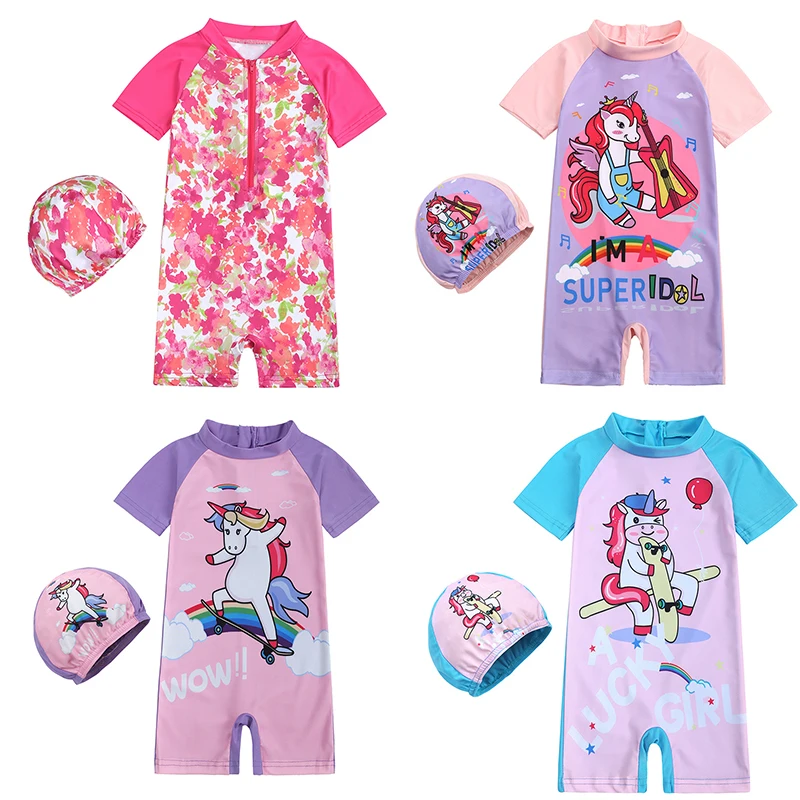 Summer cute cartoon printed 2pcs toddler girl set back zipper kids swimwear short sleeve one piece baby girls swim wear with cap