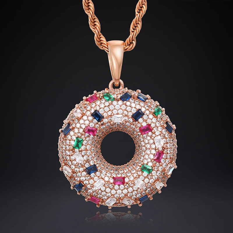Amazon new European and American hip-hop color 3A zircon donuts men and women couple pendant necklace jewelry
