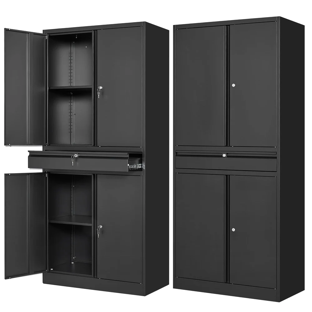 PULAGE Metal Garage Storage Cabinet - Drawer & 4-Door Tool Cabinet with Lock, 2 Adjustable Shelves