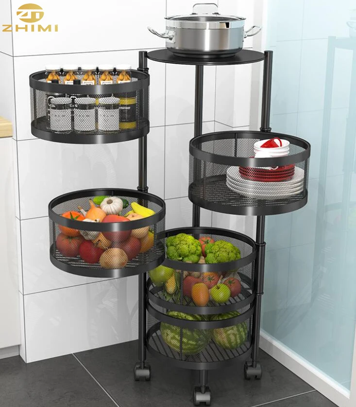 Carbon Steel 5 Tiers Kitchen Shelf  Movable Round Kitchen Trolley Cart Storage Vegetable Fruit Basket Rack