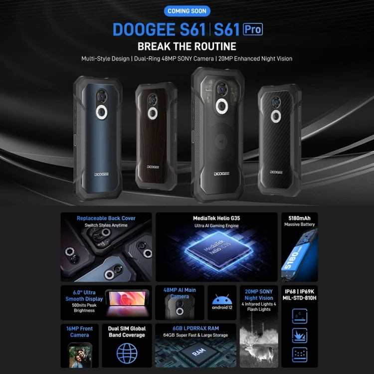 100% Original New Cell Phone Doogee S61 Android 12 Doogee Smartphone IP68/IP69K Waterproof Shockproof Smartphone Doogee