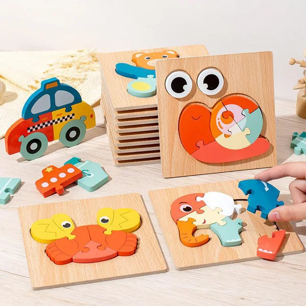 Wooden children children cartoon 3D three-dimensional snap puzzle animal Mosaic baby early to teach intelligence wooden toys