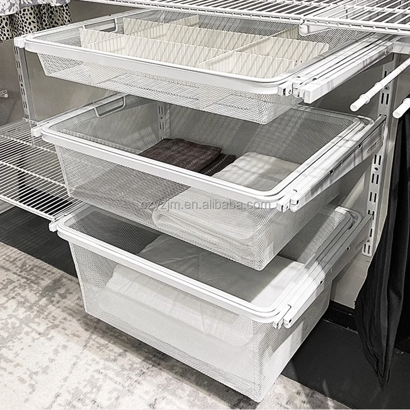 Modern Wall Mount Wardrobe Closet Storage Shelves Metal Steel Pull out Mesh Basket Pant Rack and Clothes Hangers for Bedroom