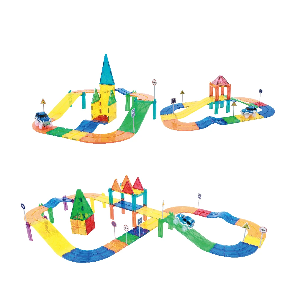 2024 Latest Educational Race Car Track Toys for Kids 55 Pcs Magnet Tiles Guangdong Sets Plastic Toy Soldiers Building Blocks Car