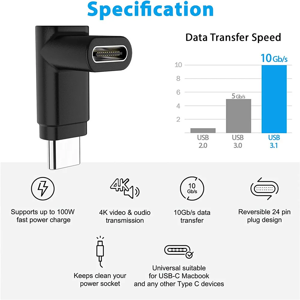  90 градусов Type C Переходник USB Male к женскому адаптер правый и левый угловой USB-C 3 1 разъемом