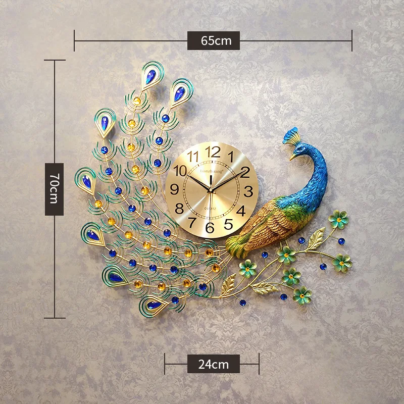 Fashion Gold Peacock Wall Art Clock For Living Room Decor luminous wall clock