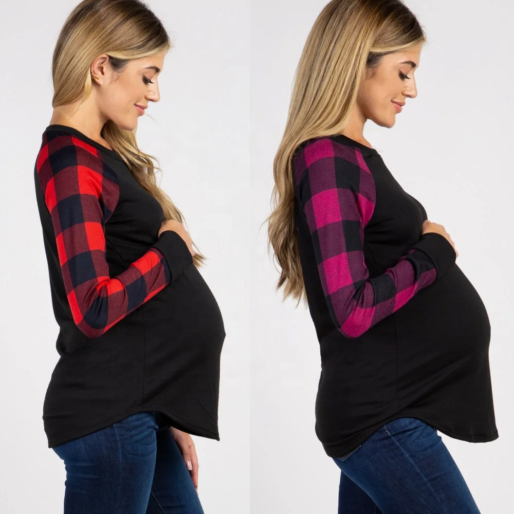 Round neck printed plaid long-sleeved maternity top  Lady Maternity Dress