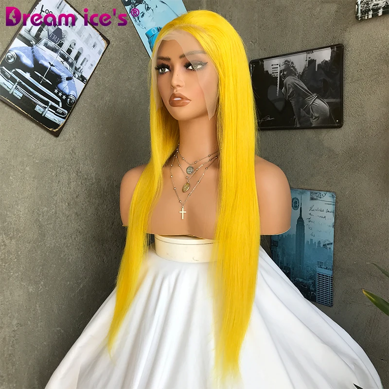 Yellow Cosplay Wig Human Hair Long Straight 13x4 Lace Frontal Wigs for Women Purple Blonde Colorful Wig Middle Part Nature Hair