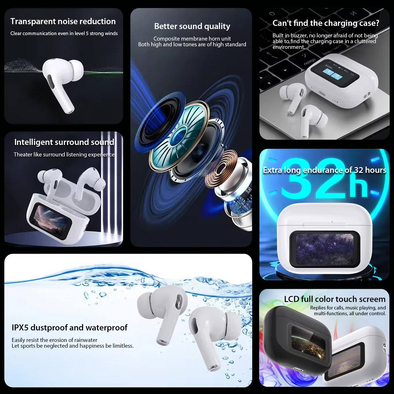 Newest hot A8 Pro Wireless Earphones with Touch Screen BT 5.3 IPX-5 30ms delay time ANC Noise Reduction Gaming TWS headphone