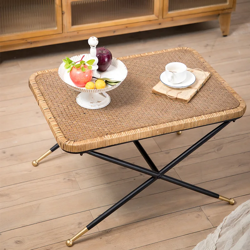 Hot Sale Farmhouse Retro Antique Living Room Sofa Balcony Corner Design Tempered Glass Rattan Coffee Table