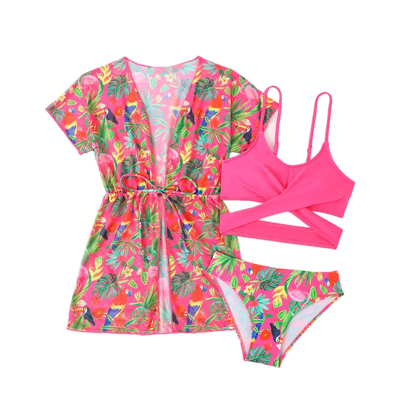 Buying Things Online Girls Swimwear Flower Print Polyester Fabric Three-piece Bikini Set
