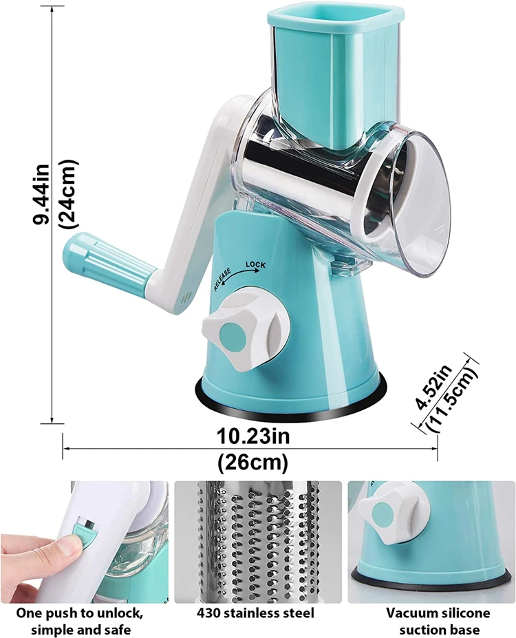Round Mandoline Slicer Nuts Grinder Rotary Cheese Grater with 3 Stainless Steel Drum Blades