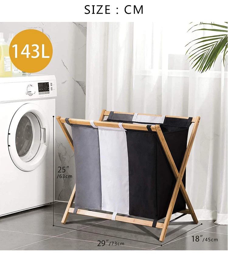 Customized Laundry Basket 3 Compartments Folding Bamboo Laundry Hamper Durable Laundry Basket Household