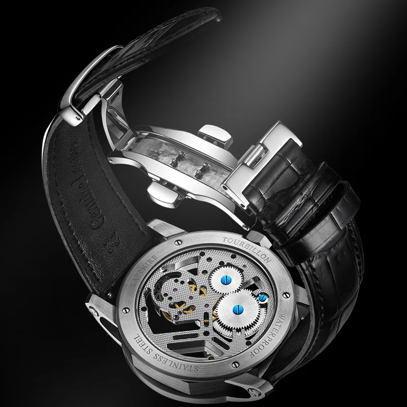 JINLERY Mechanical Tourbillon movement Watch Skeleton Design Leather Strap Waterproof Mechanical Tourbillon Watch for men