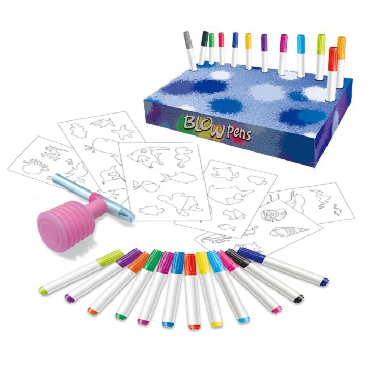 Eco-friendly 12 Color Blow Pen Cosmic Plant Coloring Airbrush Pictures Painting Drawing Toys for Kids Age 4+