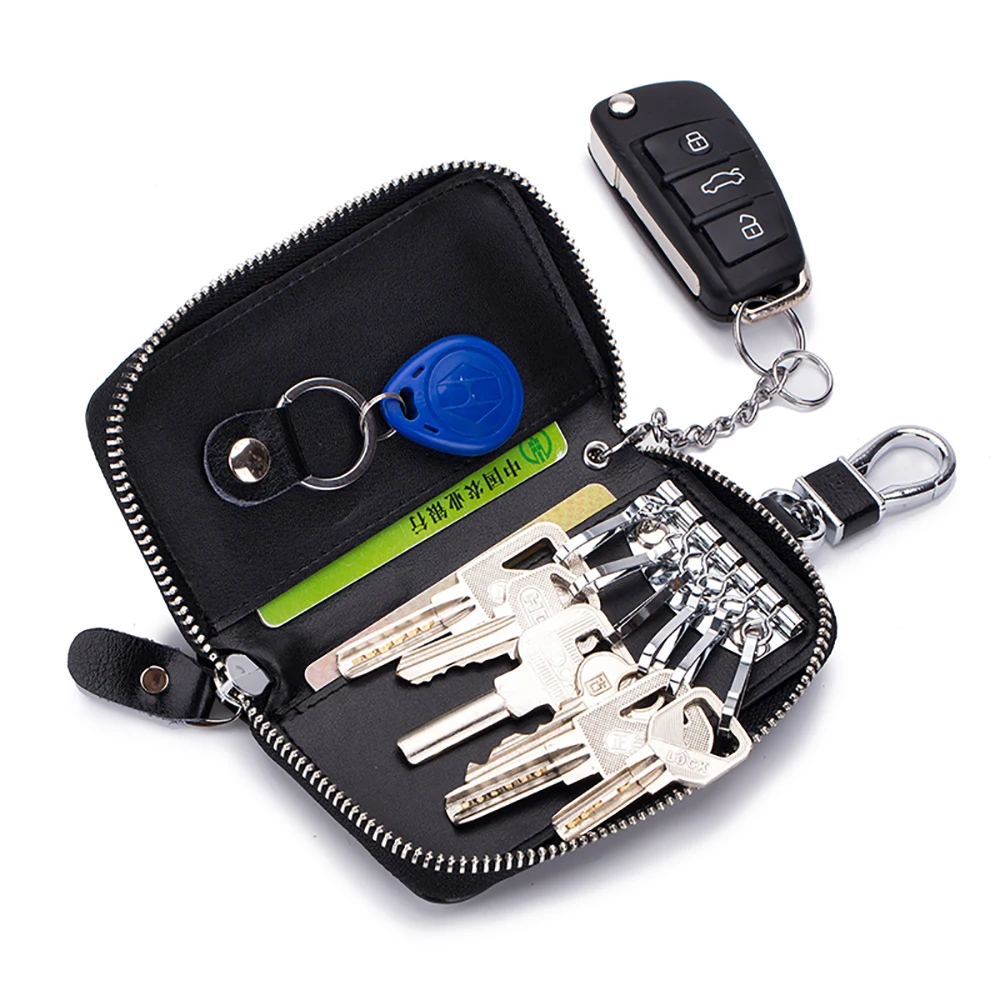 Functional unisex zipper leather key holder bag car key wallet case for men women
