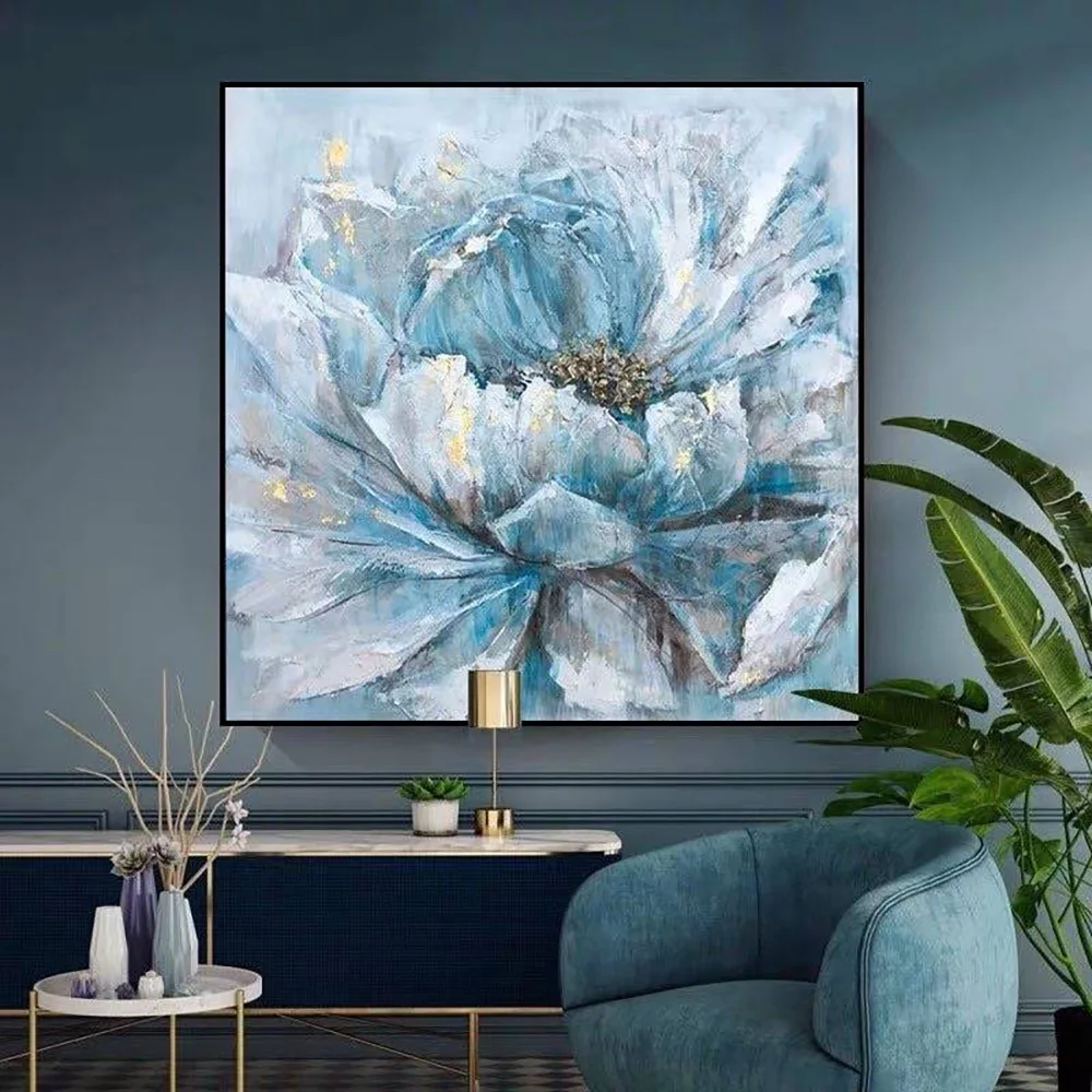 Professional Artist Handmade Blue Blooming Flowers Oil Painting on Canvas Modern Flower Art Picture for Wall Decor Hang Painting