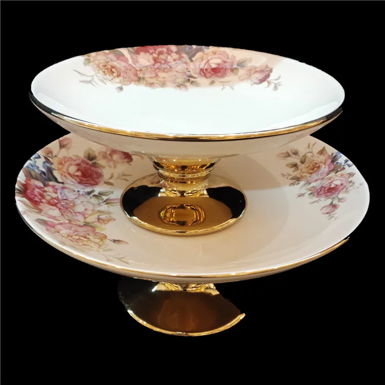 
2020 new design with flower ceramic plate gold leg dried fruit cakes high plate with leg 