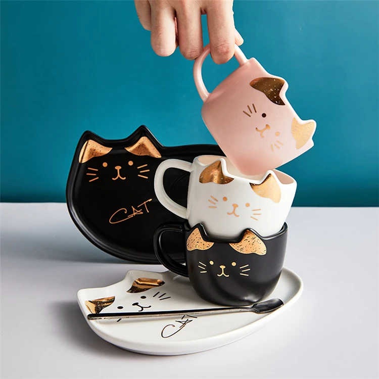 Unique design custom cogo cat shaped porcelain latte coffee cup with dessert plate