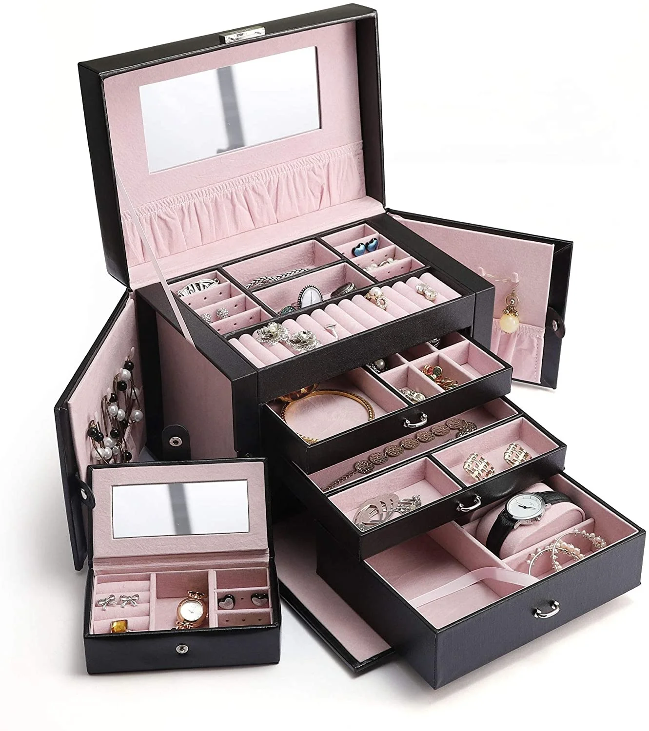 Genuine Pu leather small big large travel Jewelry box carrying Storage with mirror for ring earring bracelet gift packaging