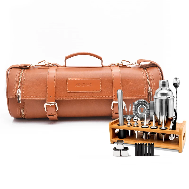 High Quality Customize Best Seller Professinal Brown Vegan Leather Bartender Travel Bag Kit