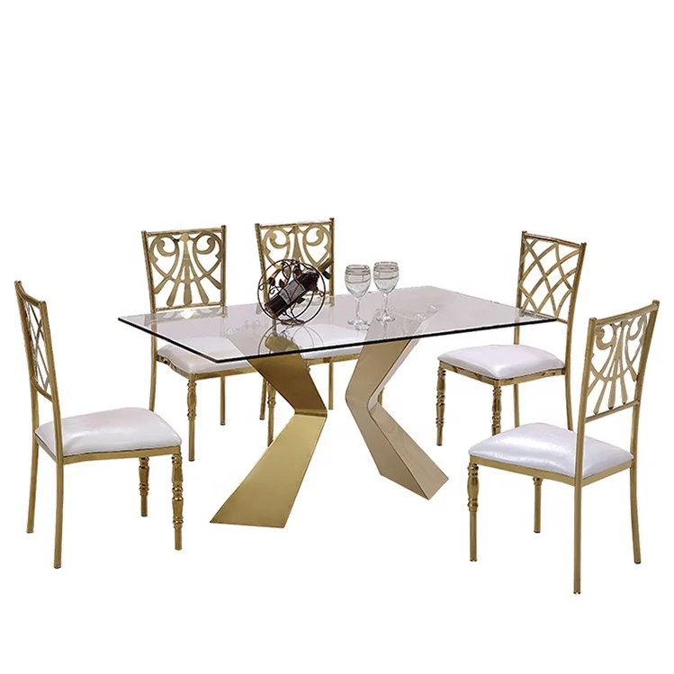 Modern Stainless Steel Gold Glass Wedding Party Event Glass Rectangle Catering Banquet Chairs and Tables Set