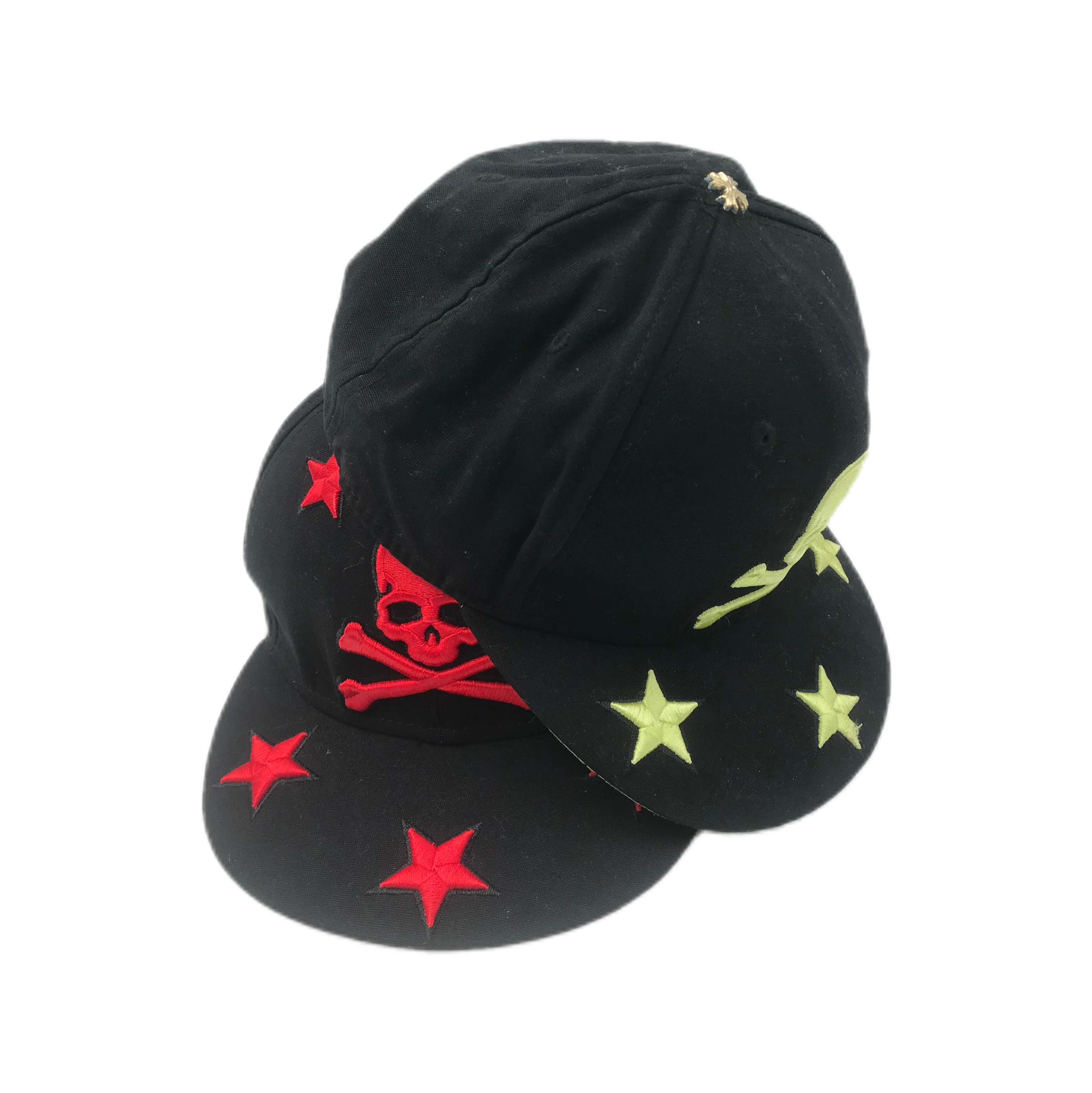 Custom Star Embroidery Logo Vintage Skull Metal Cap 6 Panel Flat Brim Fitted Snapback Cap Hats