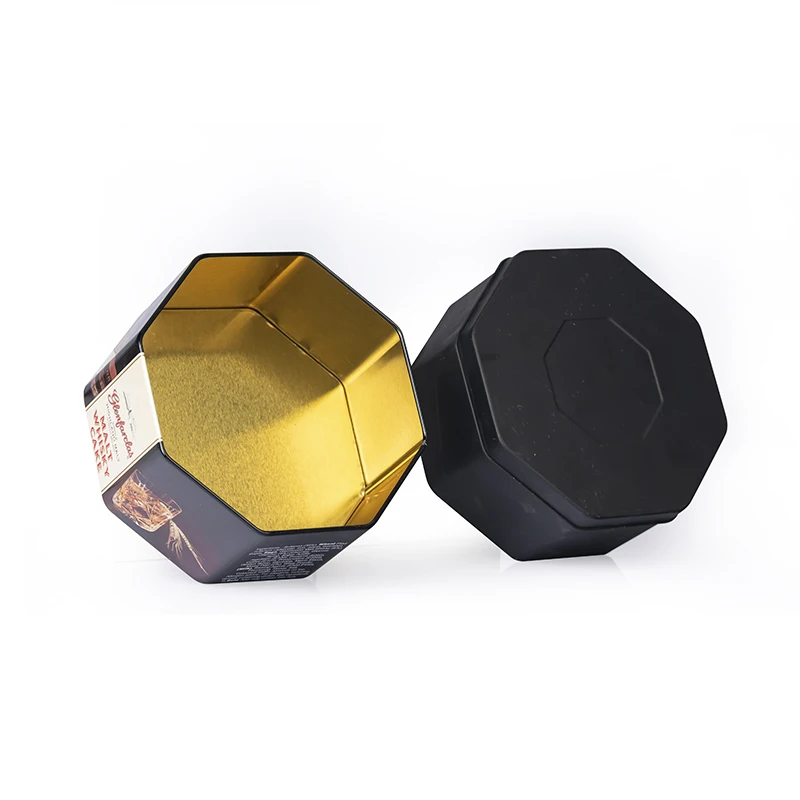 Factory Luxury Custom Metal Food Packaging Black Octagonal Tin Can Polygon Tins Irregular Tin Box For Cookies