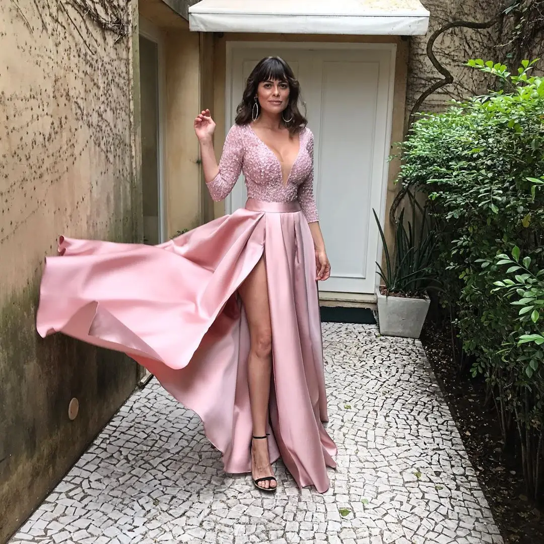 2021 Lace Prom Dress Robe De Soiree Party Formal Lace Satin Royal Blue Solid Color V-Neck Long Sleeve Evening Wedding Dresses