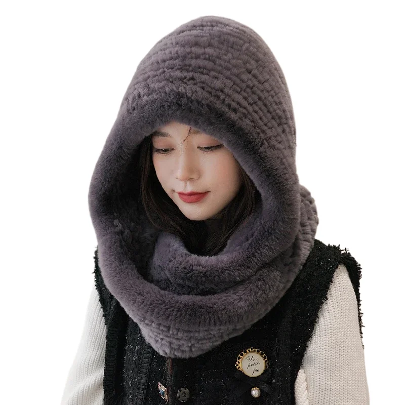 ZDFURS * 2021 new Women Real Knitted Rex Rabbit Fur Hat Hooded Scarf Long Winter Warm Fur Hat With Neck Collar Scarves hat scarf