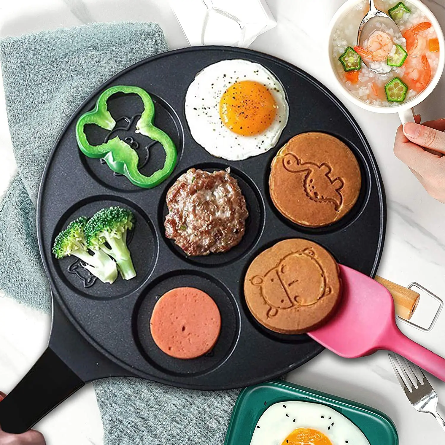 Pancake Pan Nonstick, 7-Mold Cast Aluminum Pancake Griddle, Even Heating & Easy to Clean Pancake Maker