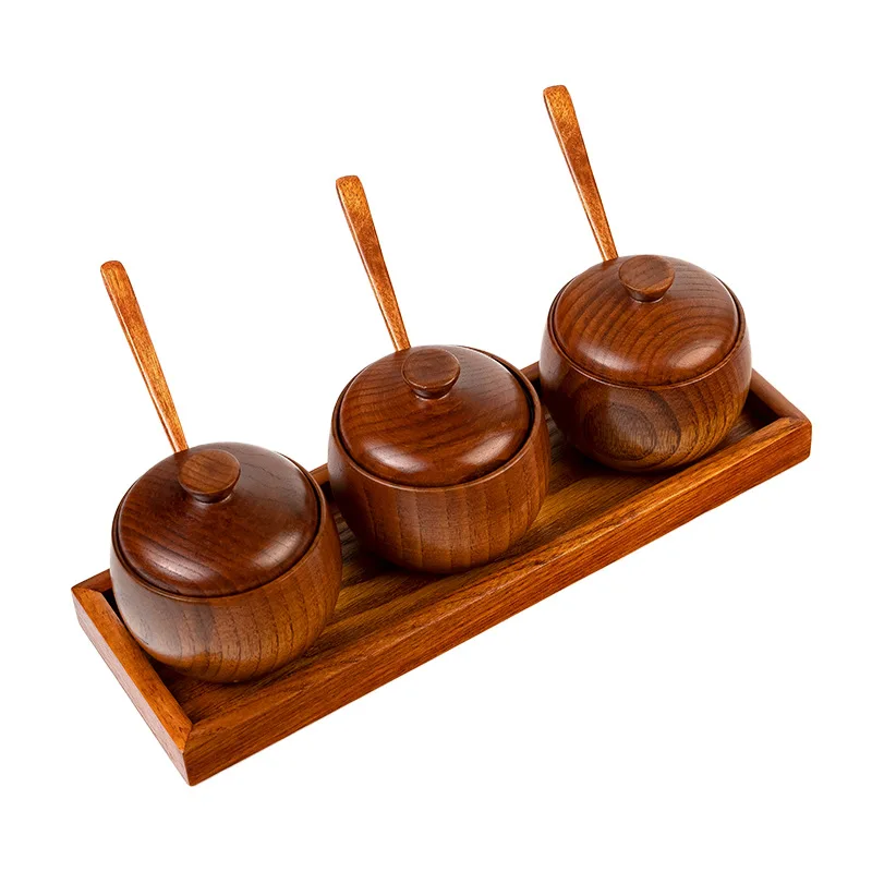 Premium retro natural jujube wooden kitchen seasoning storage pot box salt container spice jar with lid spoon
