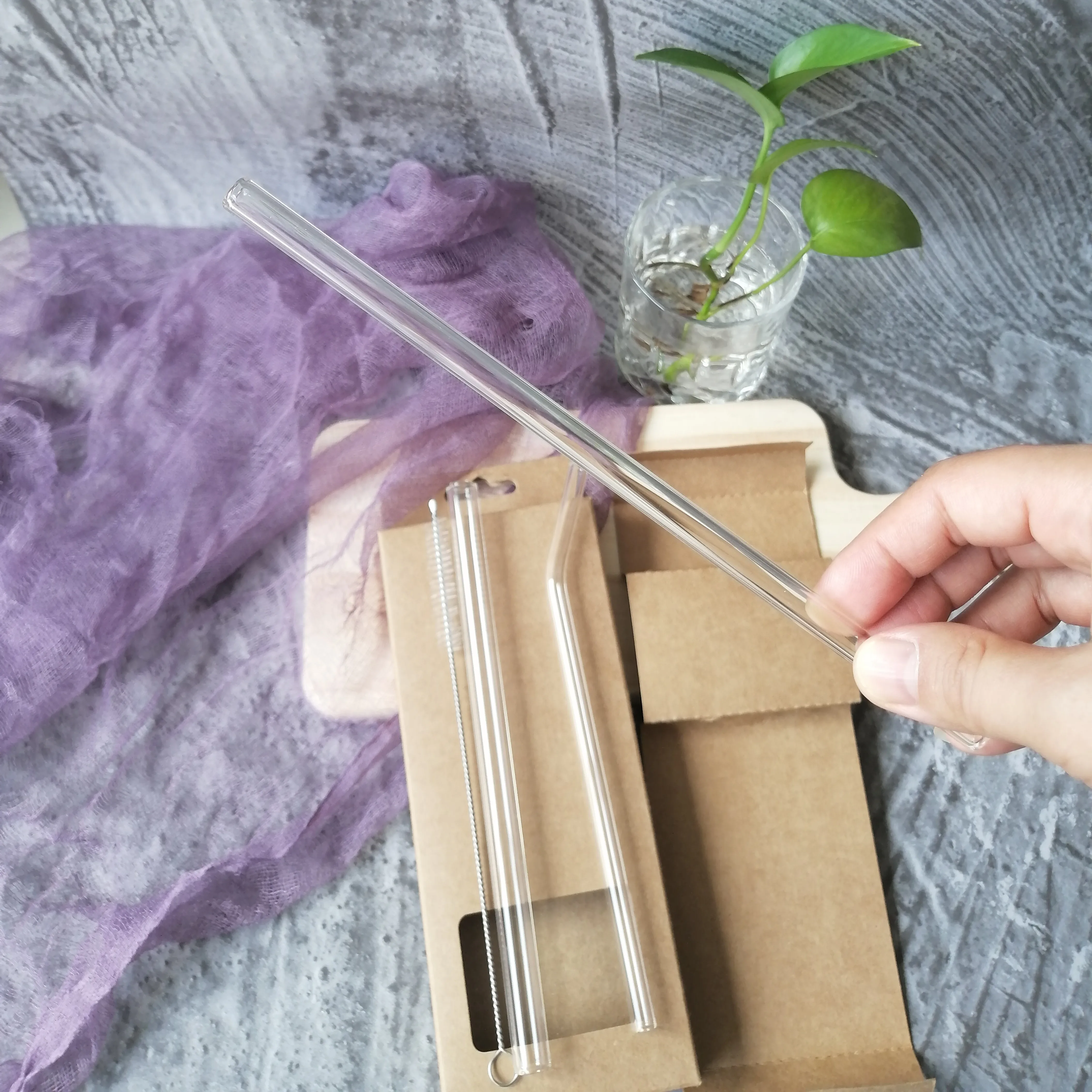 Eco Friendly Glass straw set 3+1  Reusable Borosilicate Glass Drinking Straw with Brush and Packing