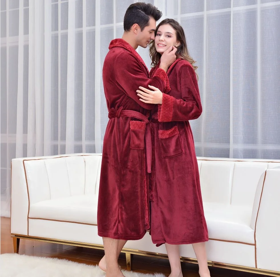 home hotel  spa women men white pink grey red flannel plush thick warm long bathrobe robe