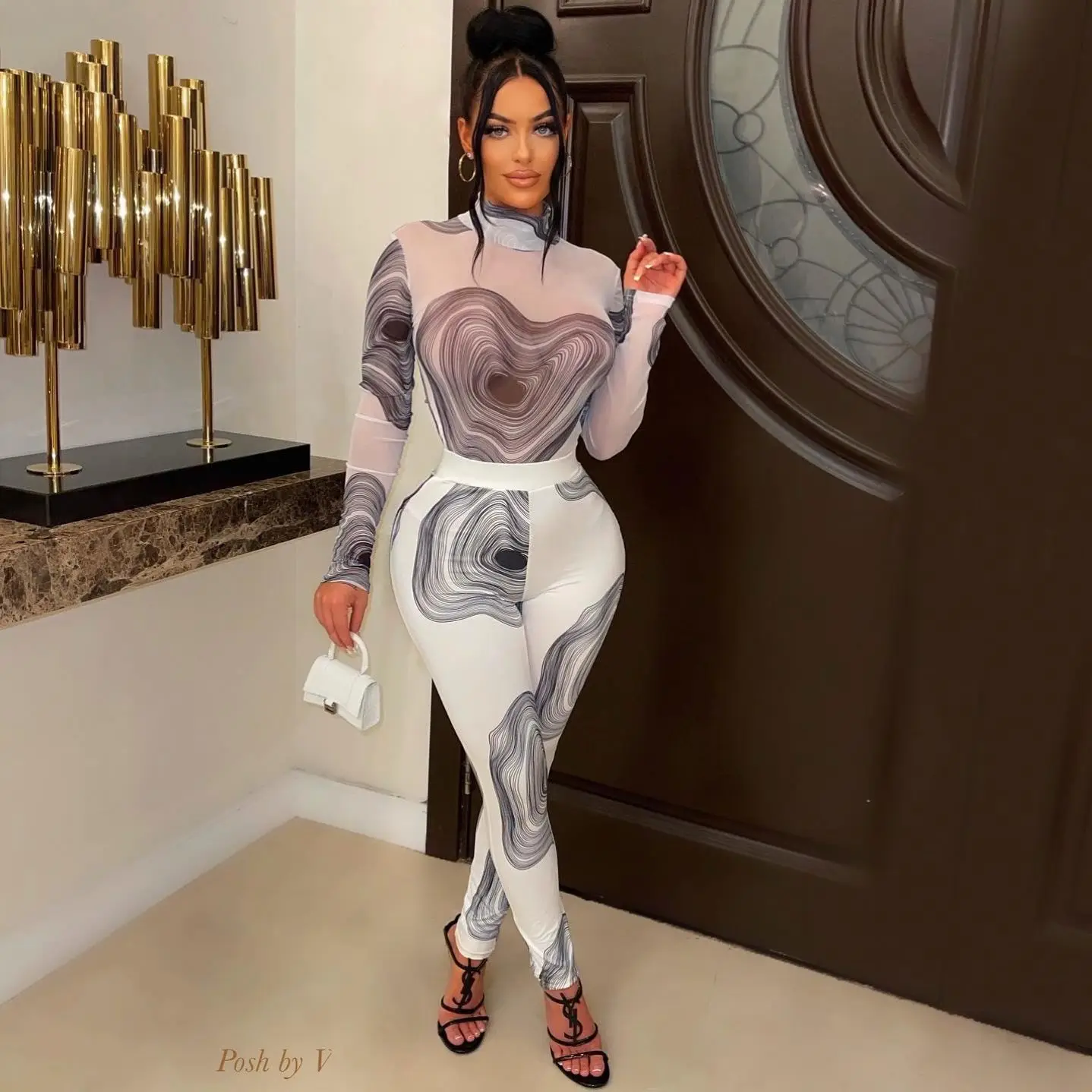 S91900S New Leisure mesh yarn psychedelic water ripple color print long sleeve pants autumn winter set