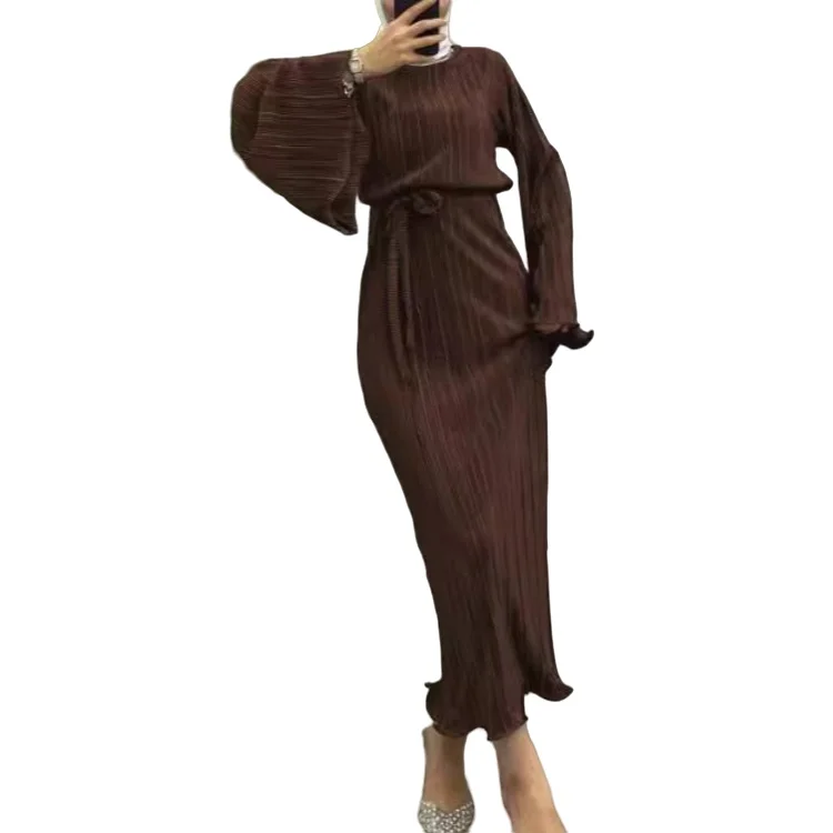 Fashion new wholesale price Muslim solid color pleated straight long skirt flared sleeve waist Muslim women dress