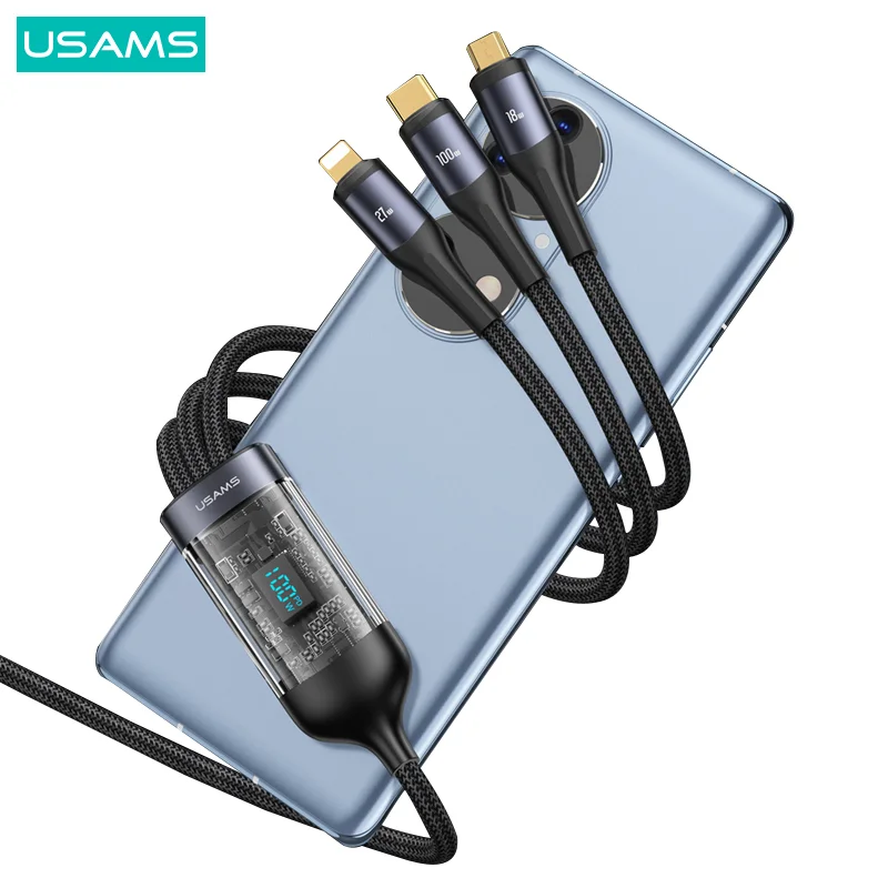 USAMS US-SJ600 US-SJ600 U83 3IN1 Transparent Digital Display PD100W Fast Charging & Data Cable 1.2m  C To C+L+M