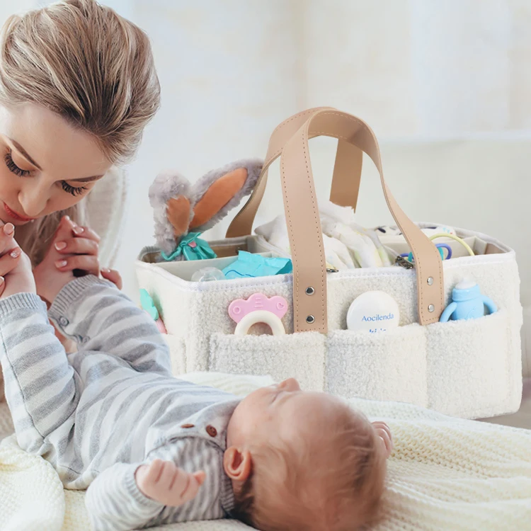 Factory Price Teddy Velvet Newborn Infant Baby Nappy Bag Nursery Diaper Carry Caddy Organiser Toy Storage Bin for Home Stroller