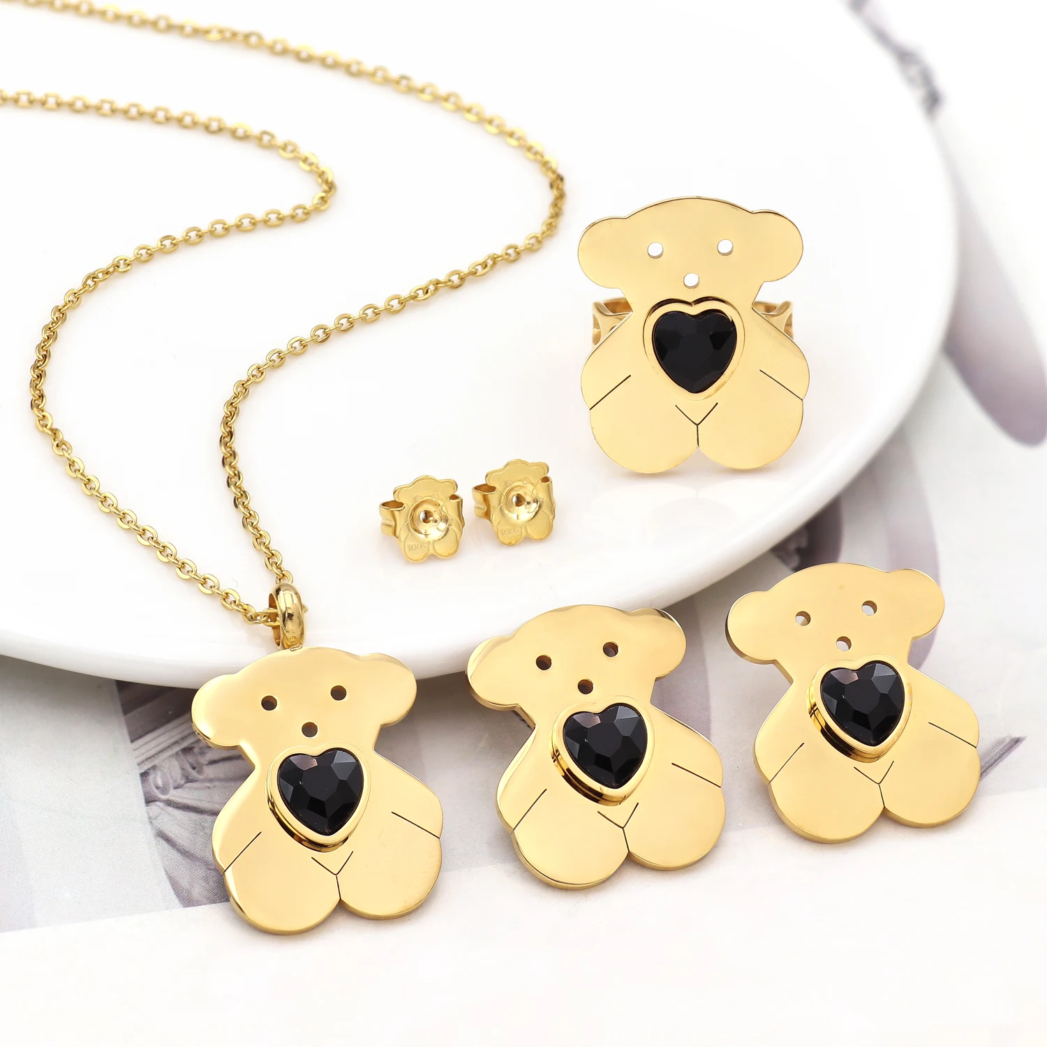 Joyas De Acero Inoxidable Heart Hollow Full Stone Cubic Zircon Crystal Stainless Steel Bear Jewelry Set For Woman