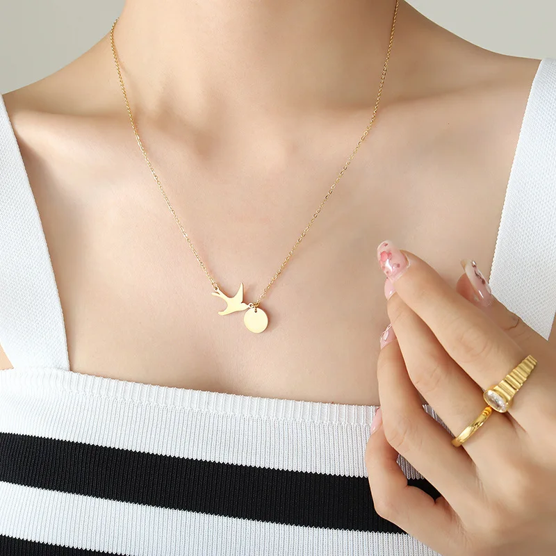 Vershal VSB1690 18k Gold-plated Stainless Steel Swallow Round Pendant Tassel Custom Logo Necklace