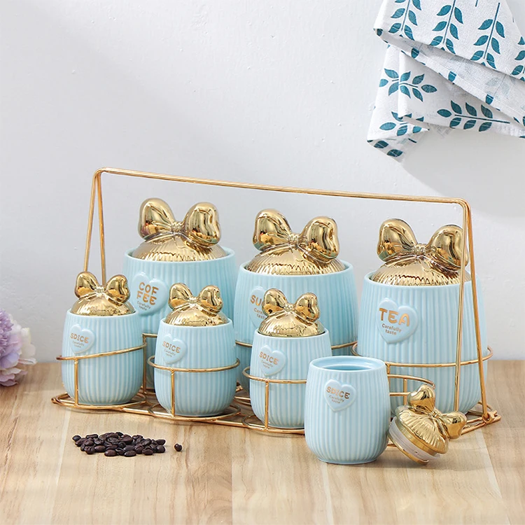 Modern Luxury 7PCS Pink Blue Ceramic Airtight Caniset Set Kitchen Sugar Coffee Spice Storage Jar with Golden Rack